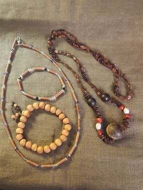 Handcrafted Natural Wood and Bead Necklace Sets- Brown